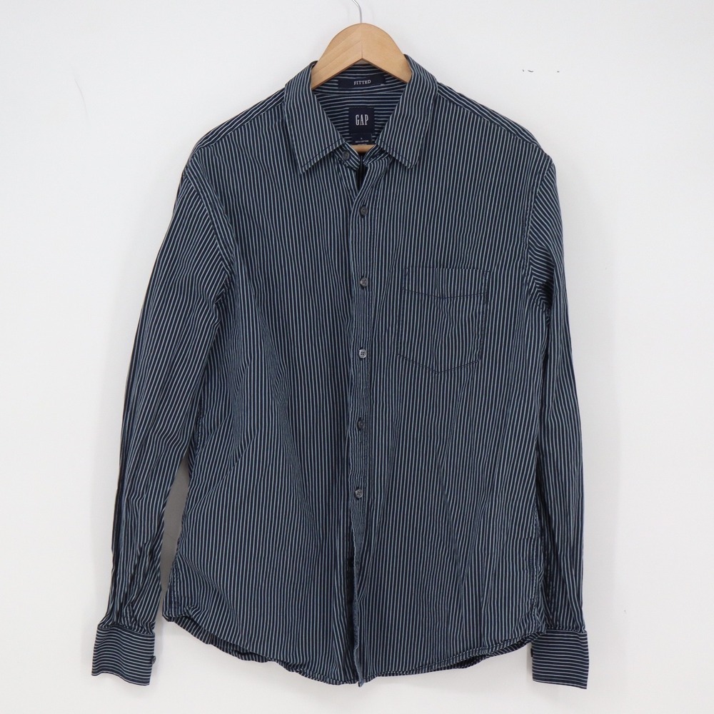 GAP Shirt Mens Large Fitted Navy Blue White Striped Button Down Excellent